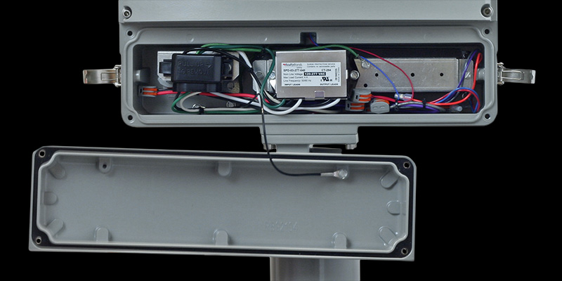 Simplified electrical component access in the ACP LED floodlight.